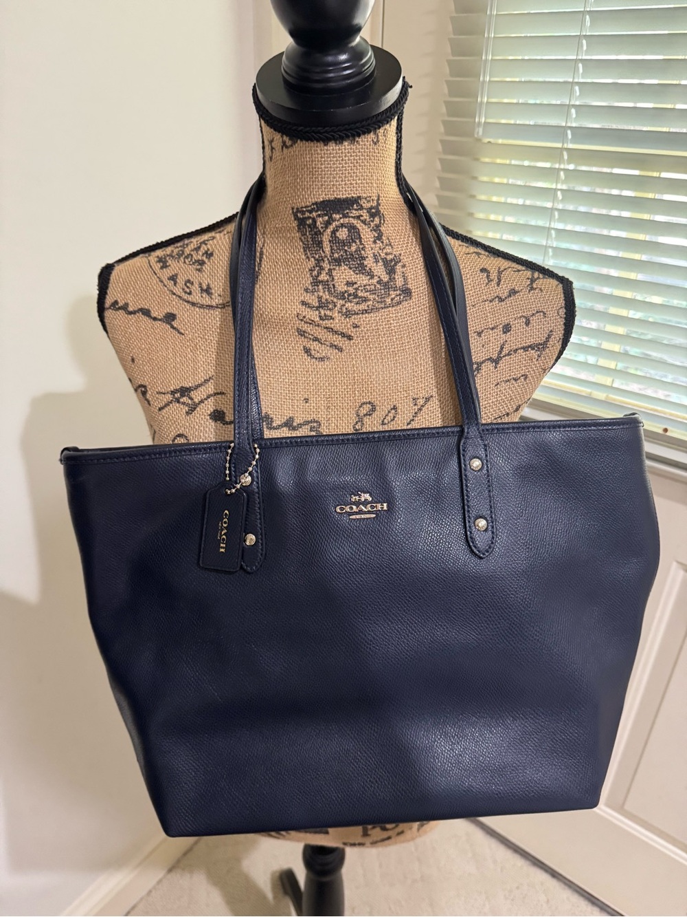 Coach Navy Leather Tote with Gold Hardware
